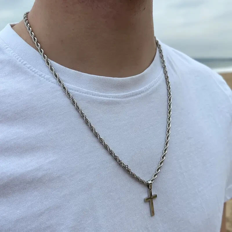 Men Stainless Steel Cross Pendant Necklace Hip Hop Simple Chain Silvery Gift New