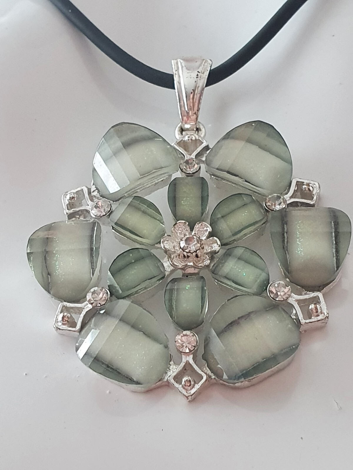 Sparkly Green Floral Clear Rhinestone Sliver Tone Black Cord Pendant Necklace