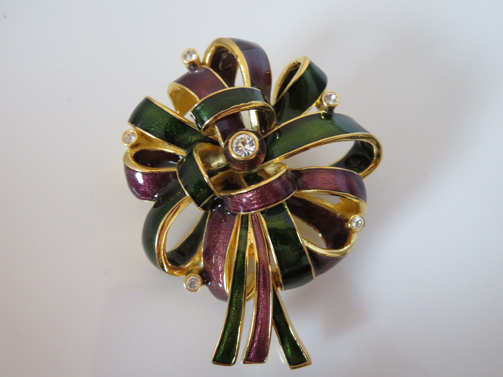 Joan Rivers Purple and Green Enamel White Rhinestone Ribbon Bow Brooch Pin 2.5″