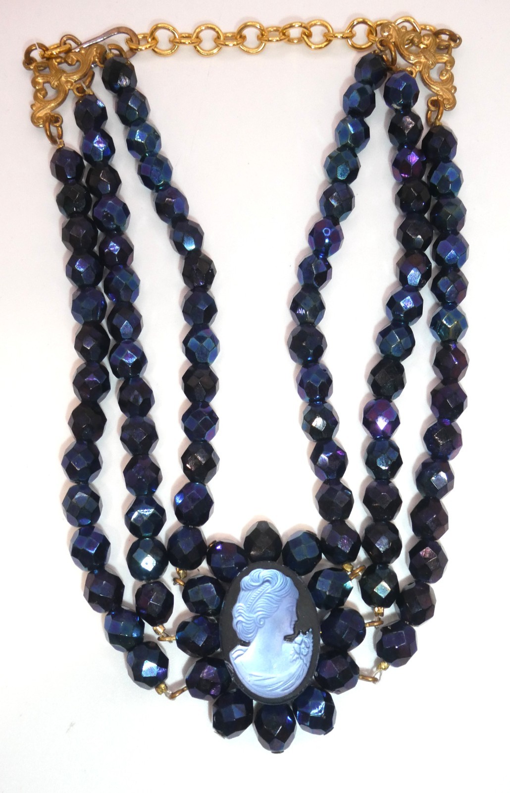 Vtg Glass Cameo 3 Strand Choker Necklace Peacock Black Blue Glass Faceted Beads
