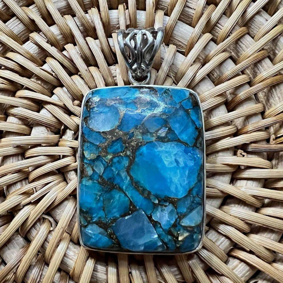 Blue Turquoise with gold lines Rectangle Pendant