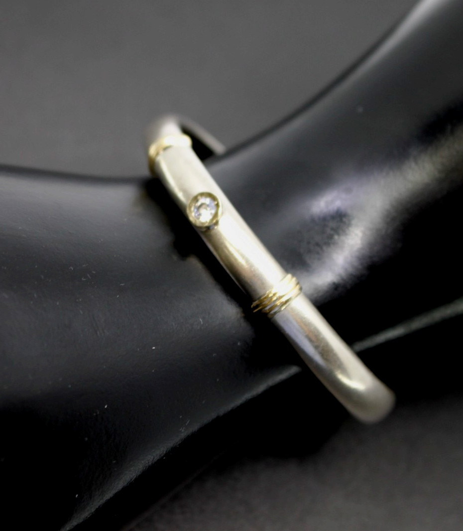 Sterling Silver & 14K Gold Open Cuff Bracelet CZ Bezel Set Two Tone 6.5″inch