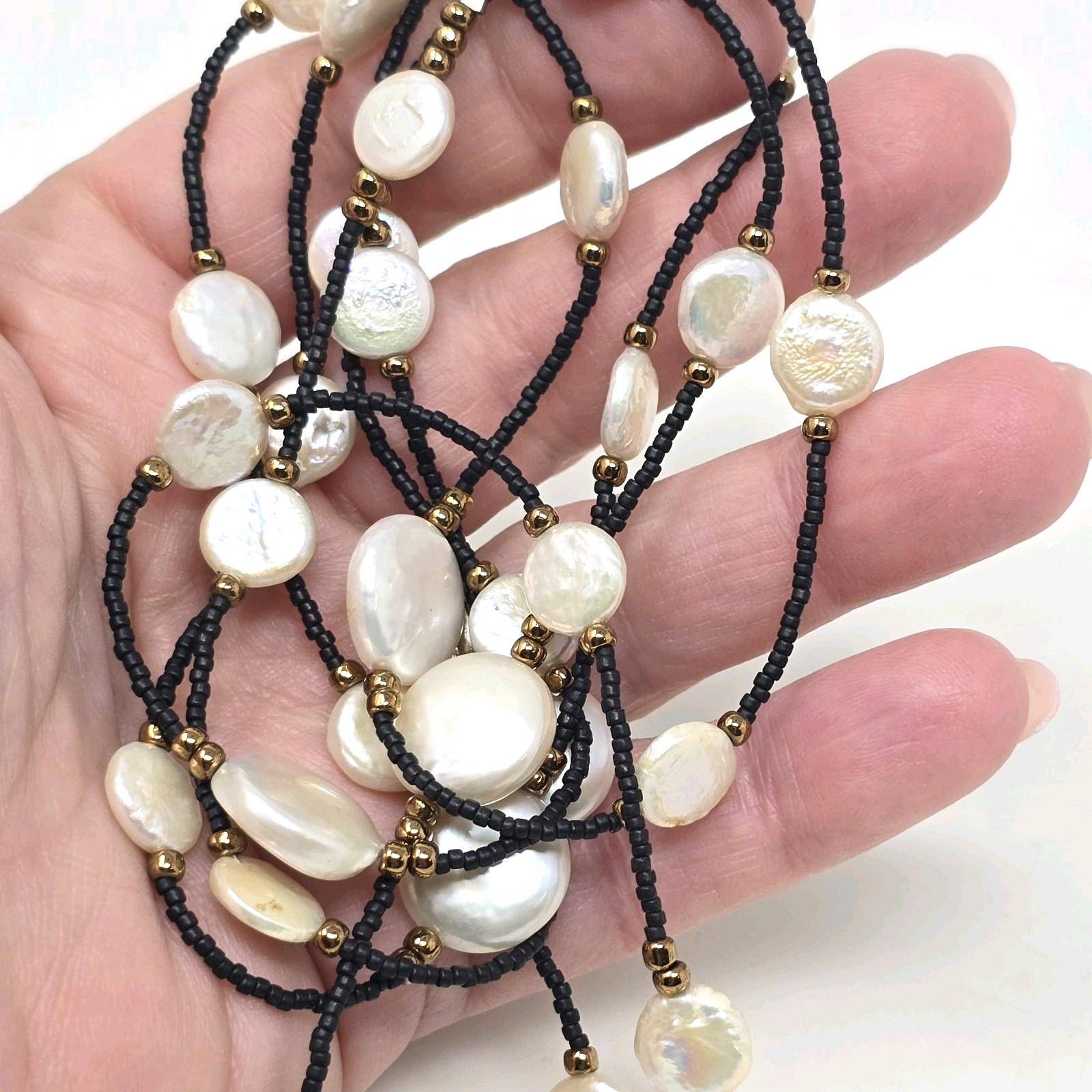 Long Baroque Coin Pearl Black Spinel Station Beaded Necklace 48″ Lariat