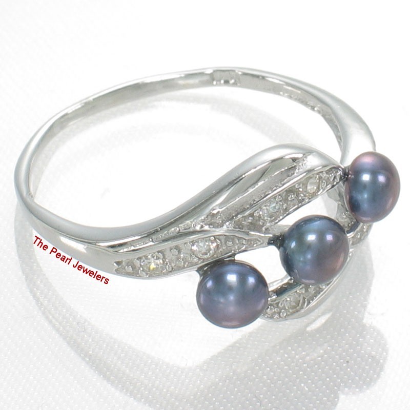 Solid Sterling Silver .925 Black Cultured Pearl & Cubic Zirconia Cocktail Ring