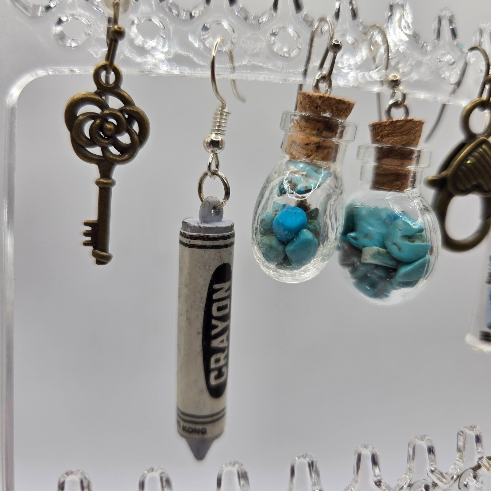 Lot Of 18 Safety Pins, Keys, Bears, Glass DANGLE Mix/Match Novelty Earrings NEW