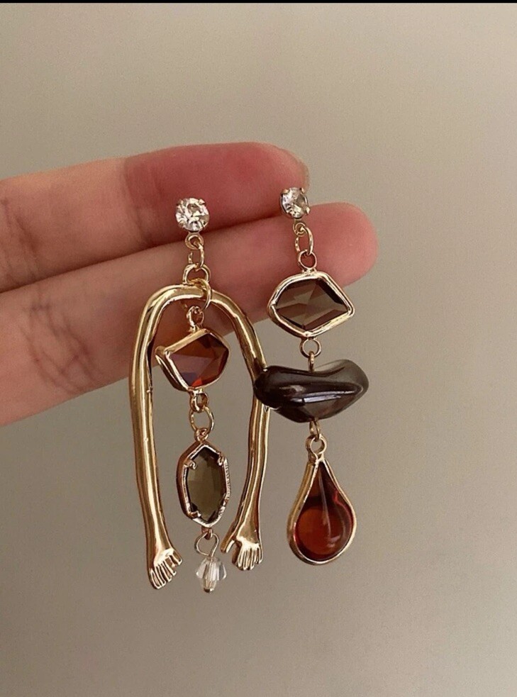 Long Gold Earrings Irregular Dangle Bold Statement Vintage Style Bold Mismatched
