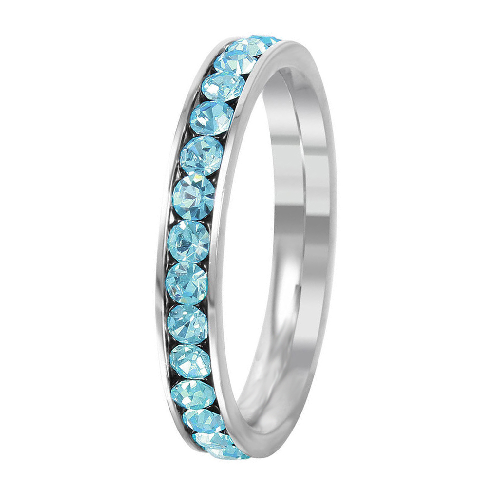 Stainless Steel Eternity Aquamarine Crystal March Birthstone Stackable Ring 3MM