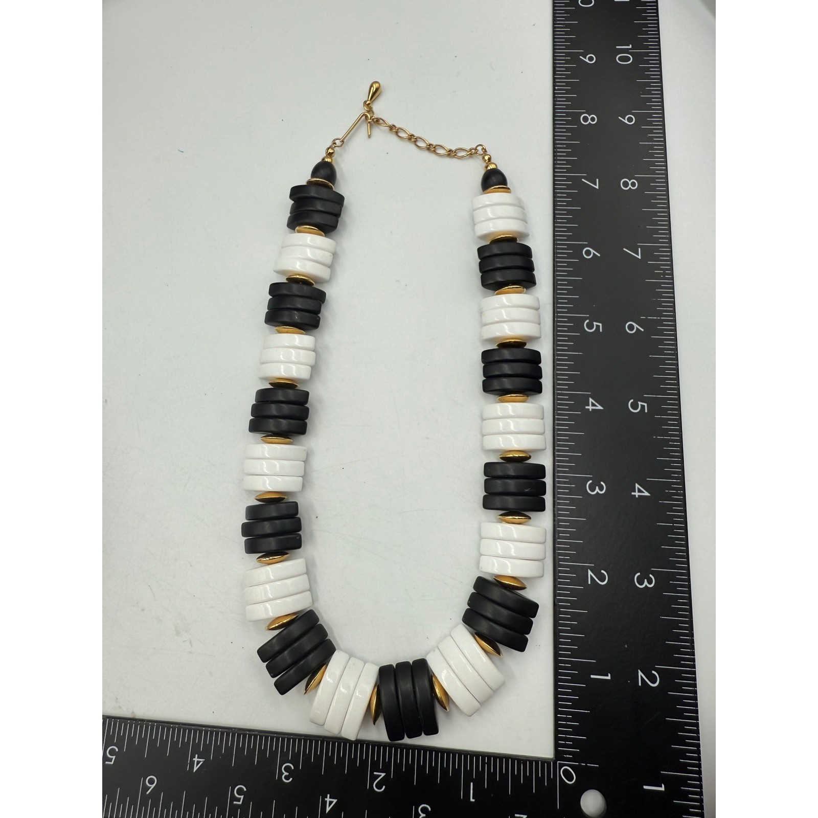 Vintage Black and White Chunky Bead Necklace Gold Tone Accents Retro Statement