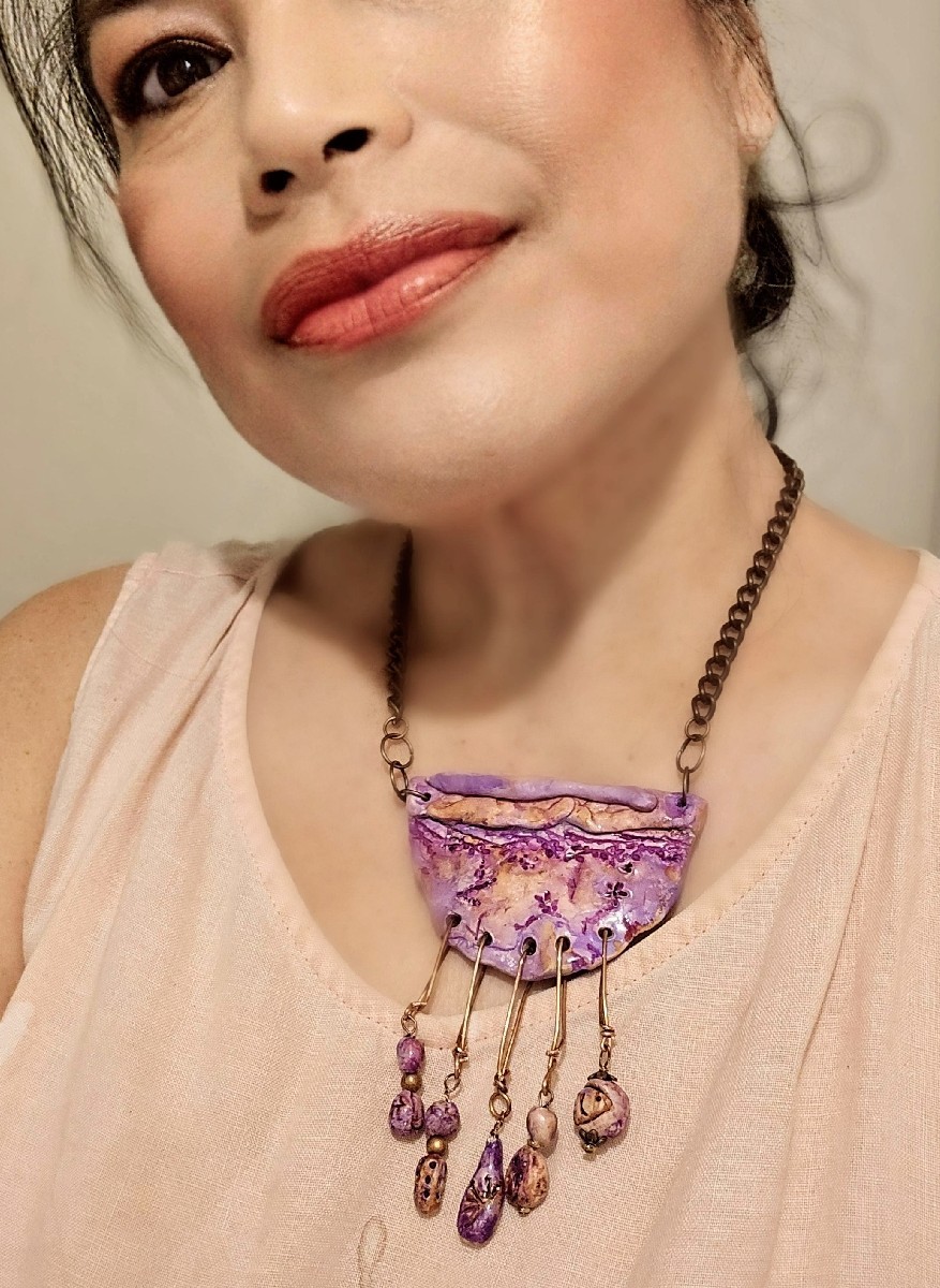 Primitive Cave Rustic Lavender Pendant & Beads Flowers & Fish Copper Necklace