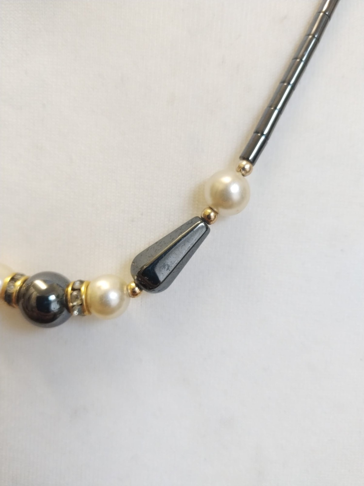Dark Grey Magnetic Hematite Mixed Shapes Faux Pearl, Rhinestone Beaded Necklace