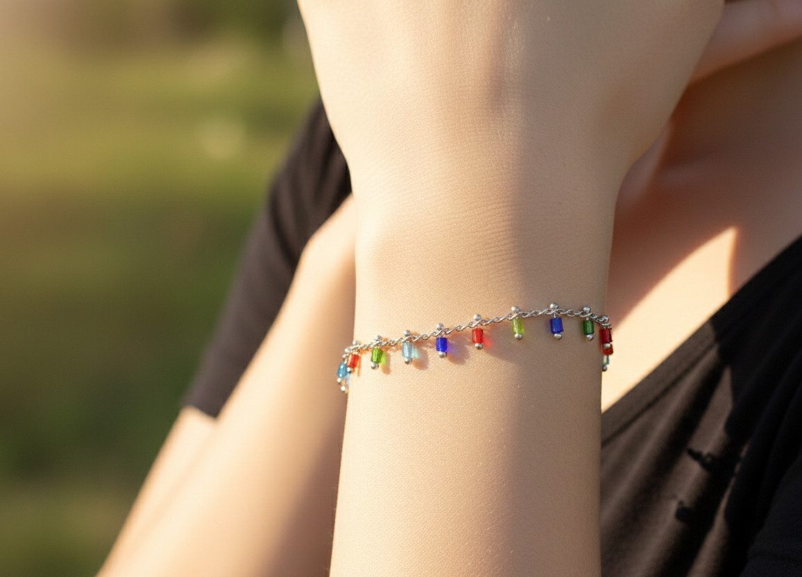 Elegant 925 Silver Plated Boho Bracelet | Multicolor Beaded Brass Chain