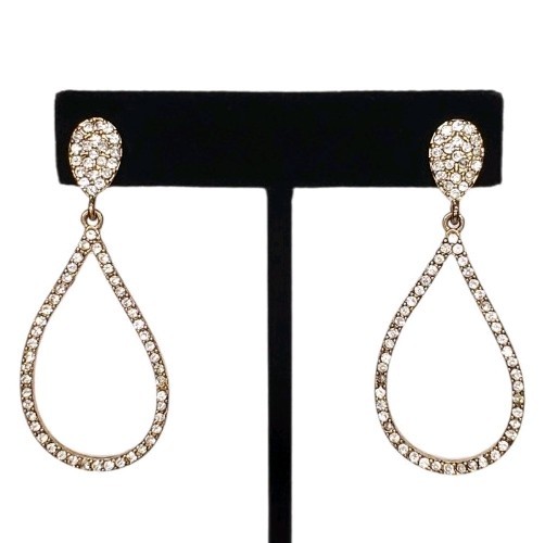 Estate Unsigned Gold-Tone Clear Rhinestone Pave Open Pear Drop/Teardrop Earrings