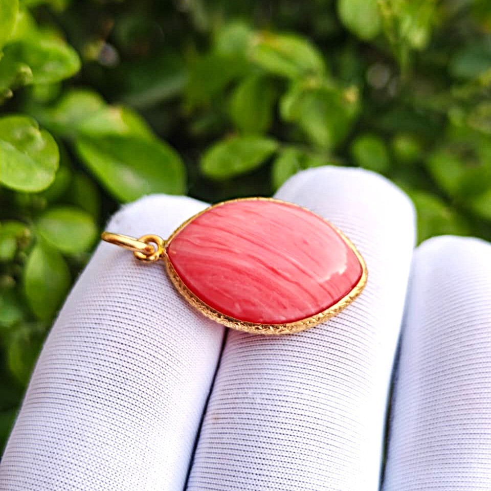 Handmade Rhodochrosite Gemstone Pendant, Gold Plated 925 Sterling Silver Charm