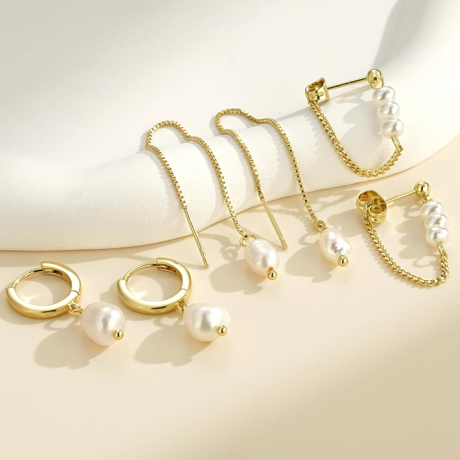 Pearl Earrings Set for Women Trendy Dainty Pearl Dangle Hoop Earrings Mismatched