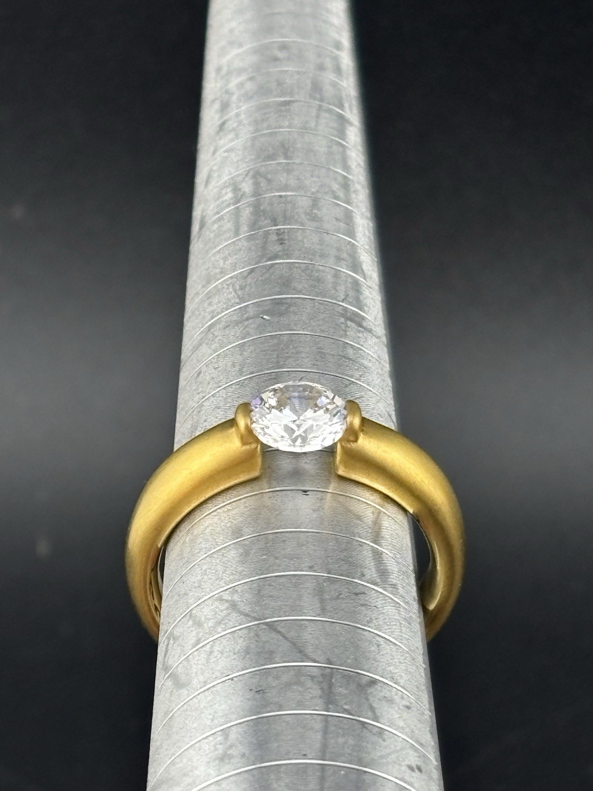 Tension Set Modern Brilliant Cut Glass Brushed Gold Tone Sparkle Ring Size 9.5