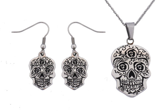 Women’s Stainless Steel Sugar Skull Pendant and Earring Set 74