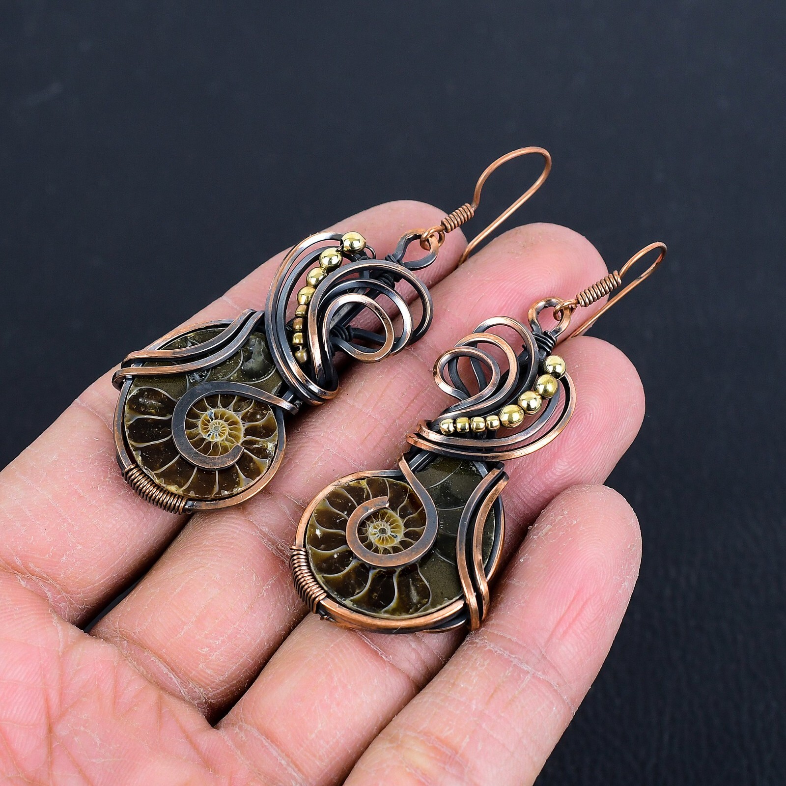 Ammonite Fossil Gemstone Earrings Copper Wire Wrap Handmade Earrings Jewelry