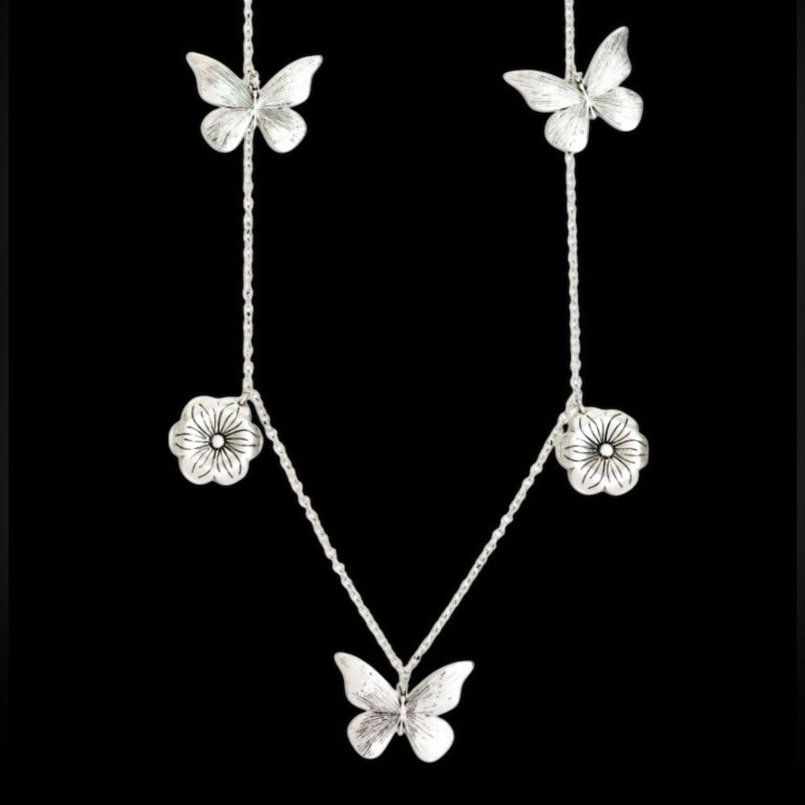 NEW Johnny Was Mariposa Garden Necklace Butterfly Flower Silver Plated 30″ + 3″