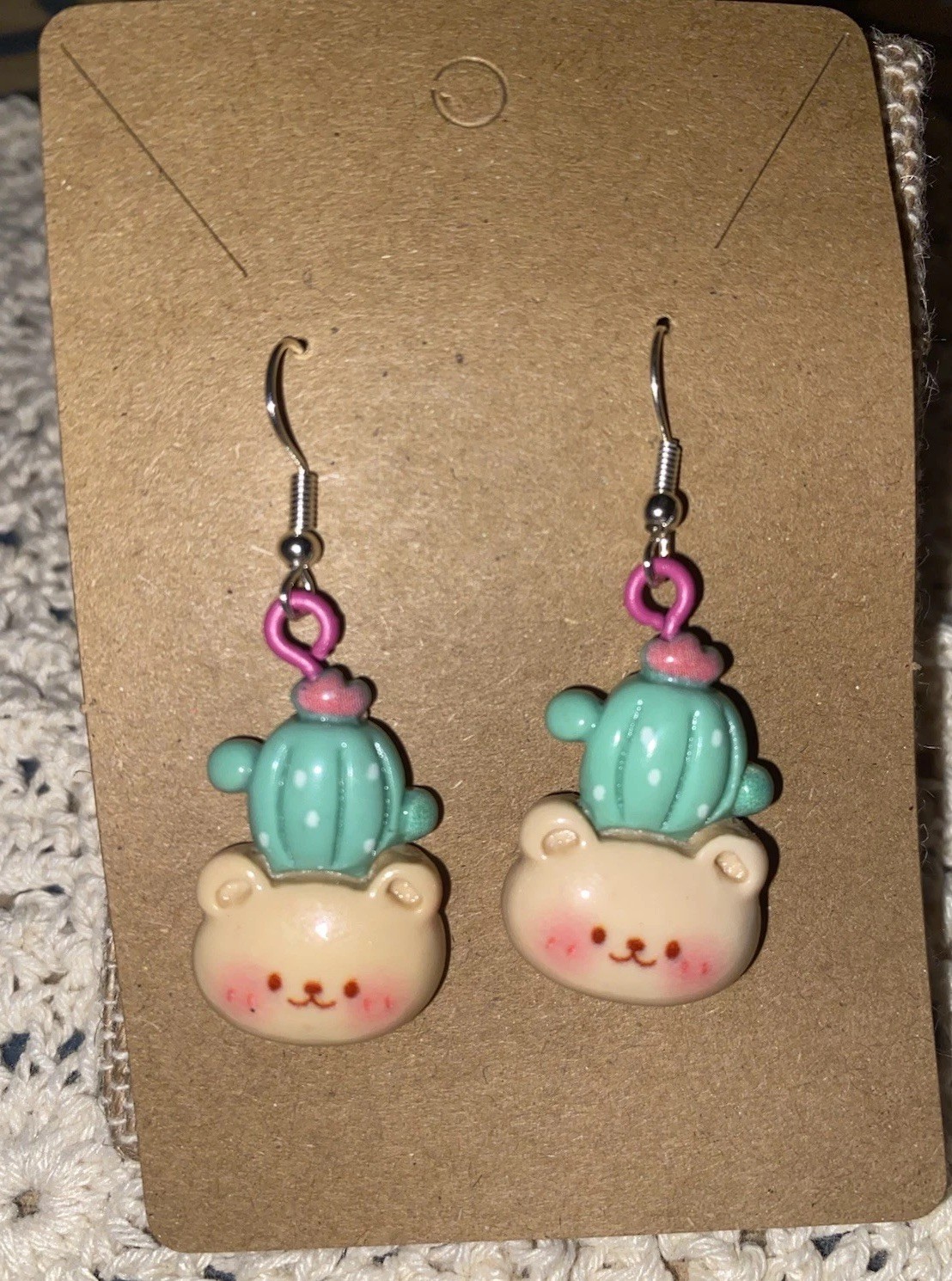 Hand Assembled Bear & Cactus Dangle Earrings Cute Kawaii Charm Jewelry