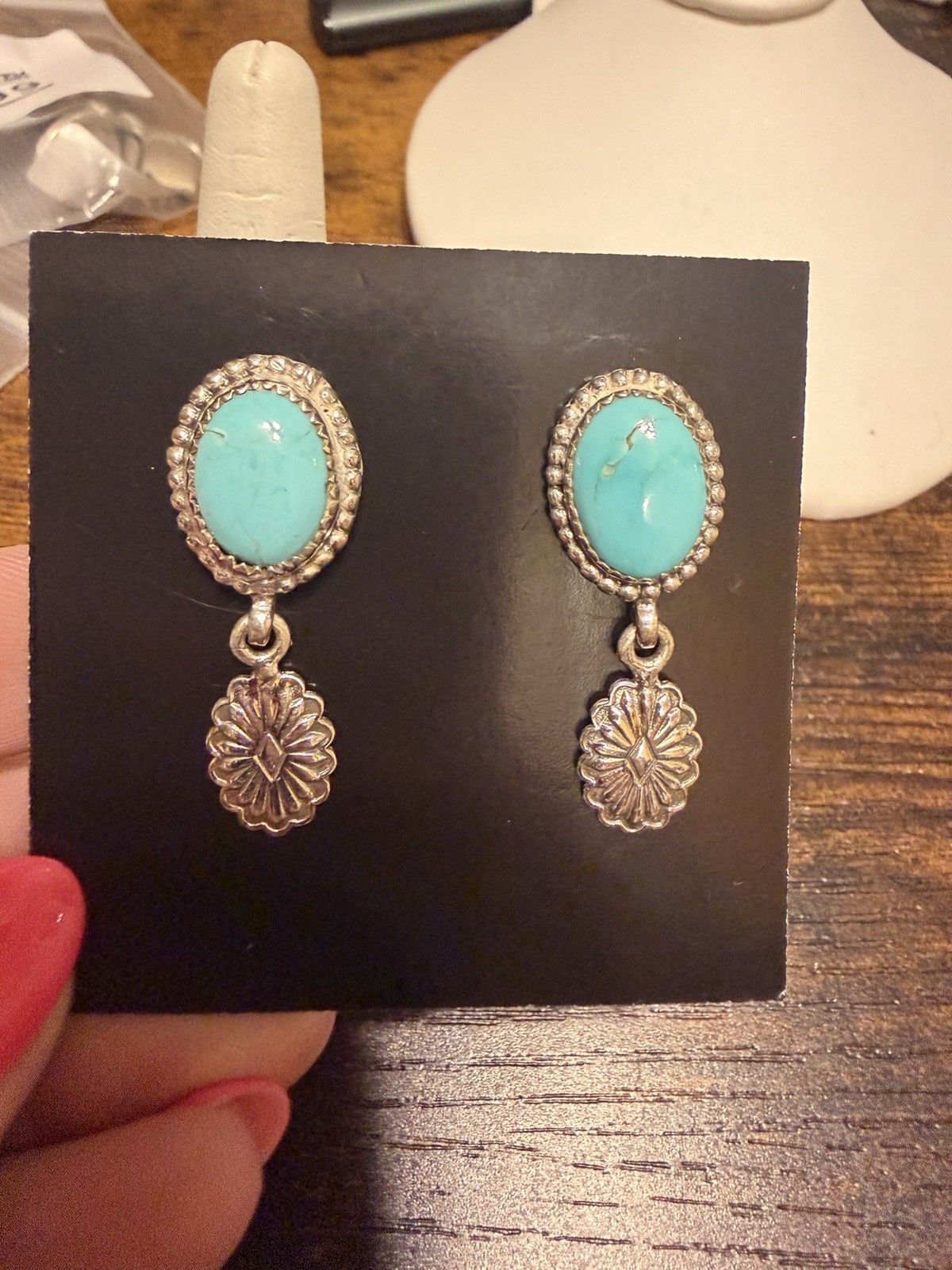 Turquoise Blue Oval Bezel-Set Silver Tone Dangle/Drop Earrings