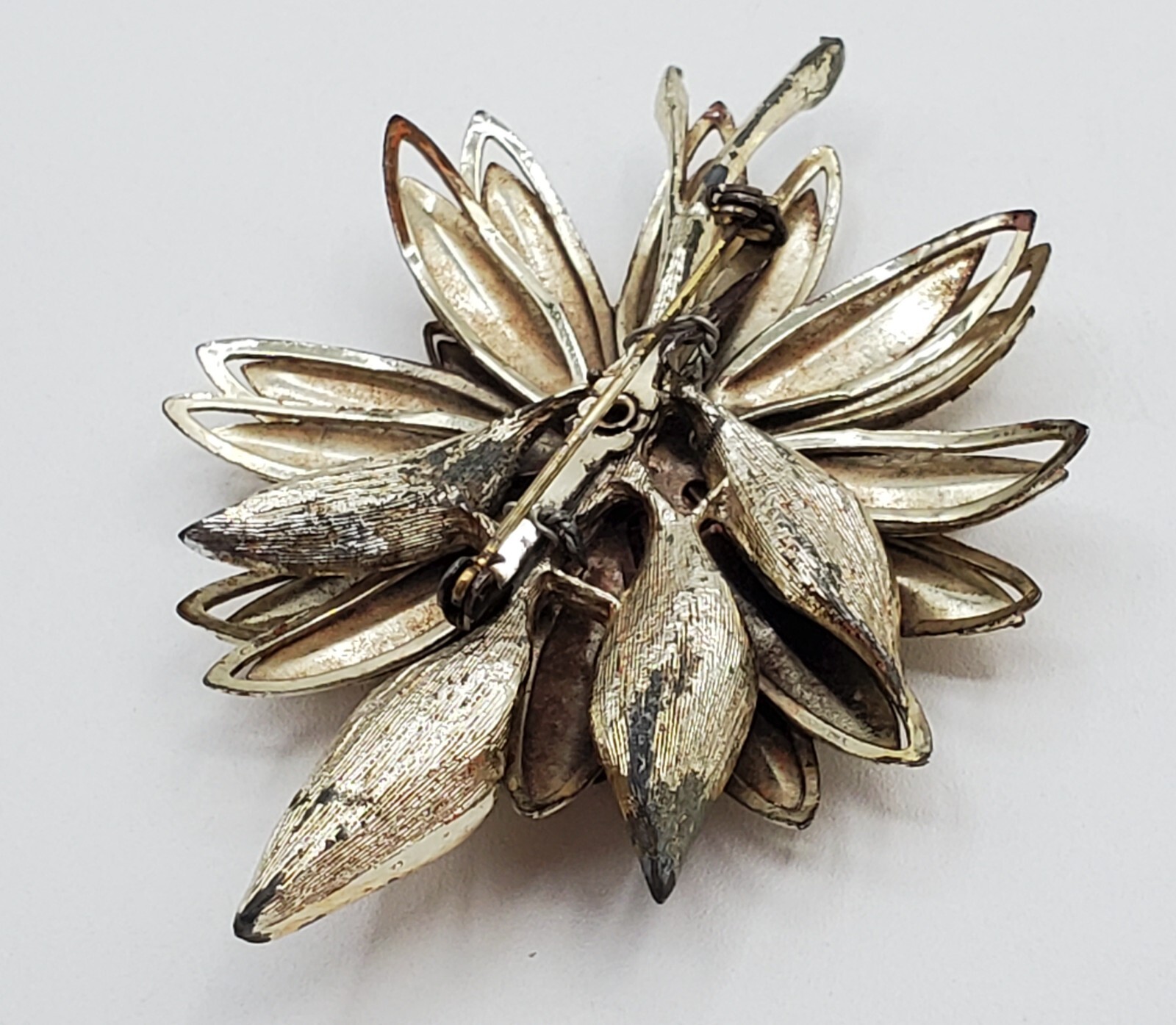 VTG Brooch 3.5in Large Gold Tone Flower Aurora Borealis 3D Layered REPAIRED READ