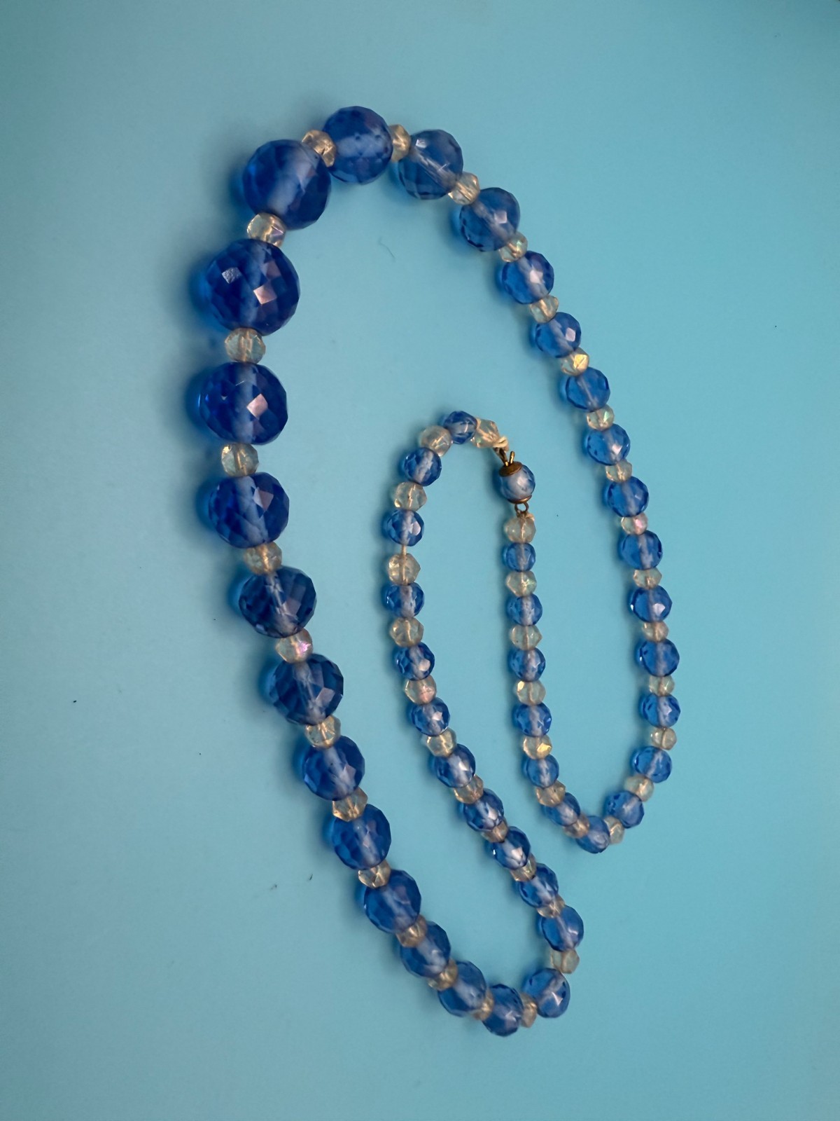 Crystal Glass Bead Necklace ; blue and clear