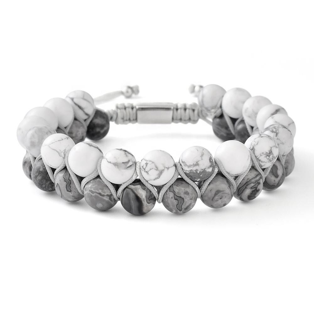 Men Women Double Layer Beaded Bracelet Adjustable White Gray Braided Wrap