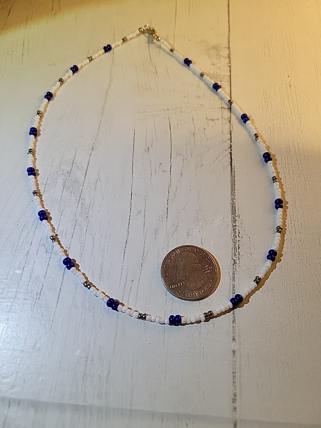 Royal Blue, White & Silver Surfer Summer Boho Beaded Necklace Choker Beach