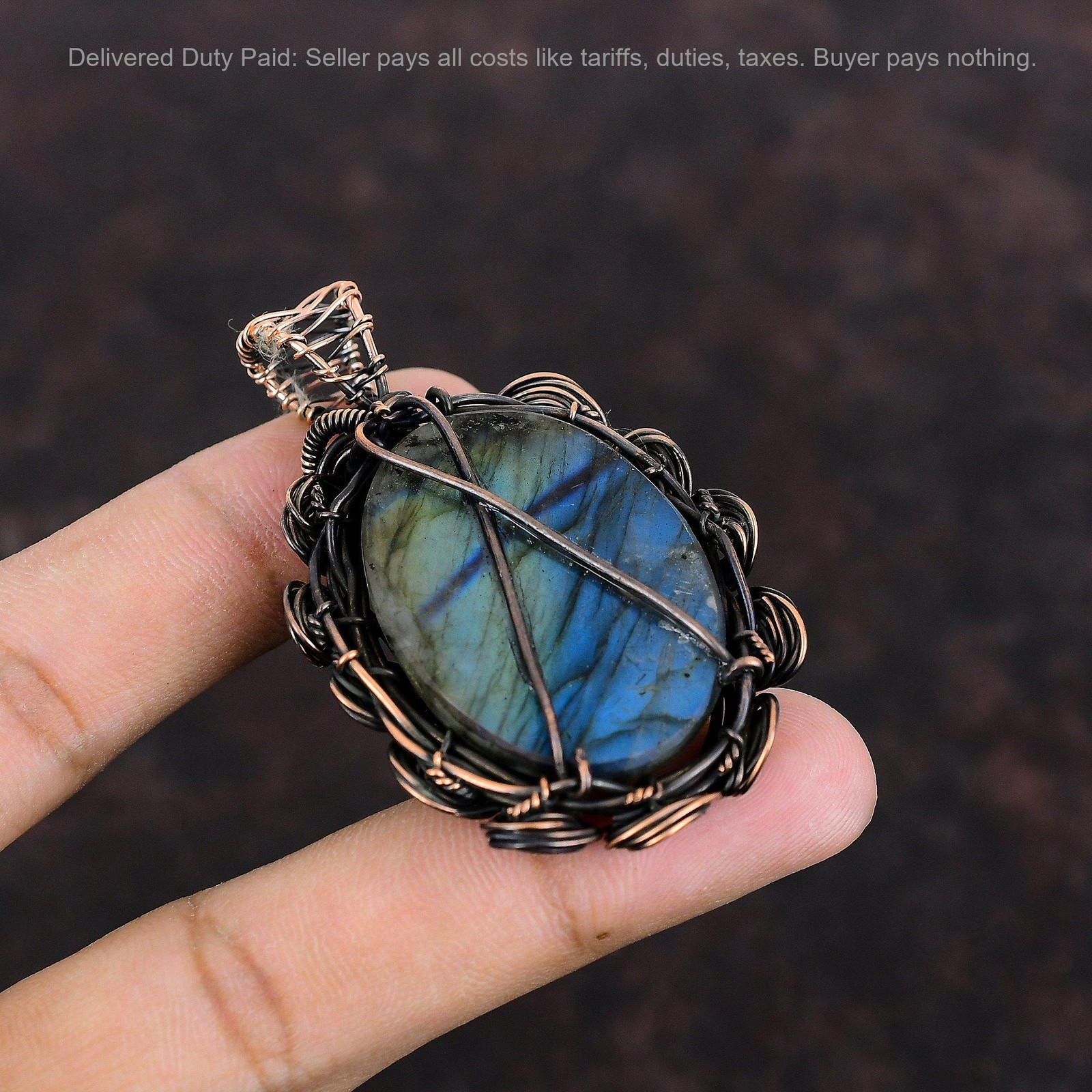 Copper Third Eye Chakra Natural Labradorite Wire Wrapped Flower Pendant Jewelry