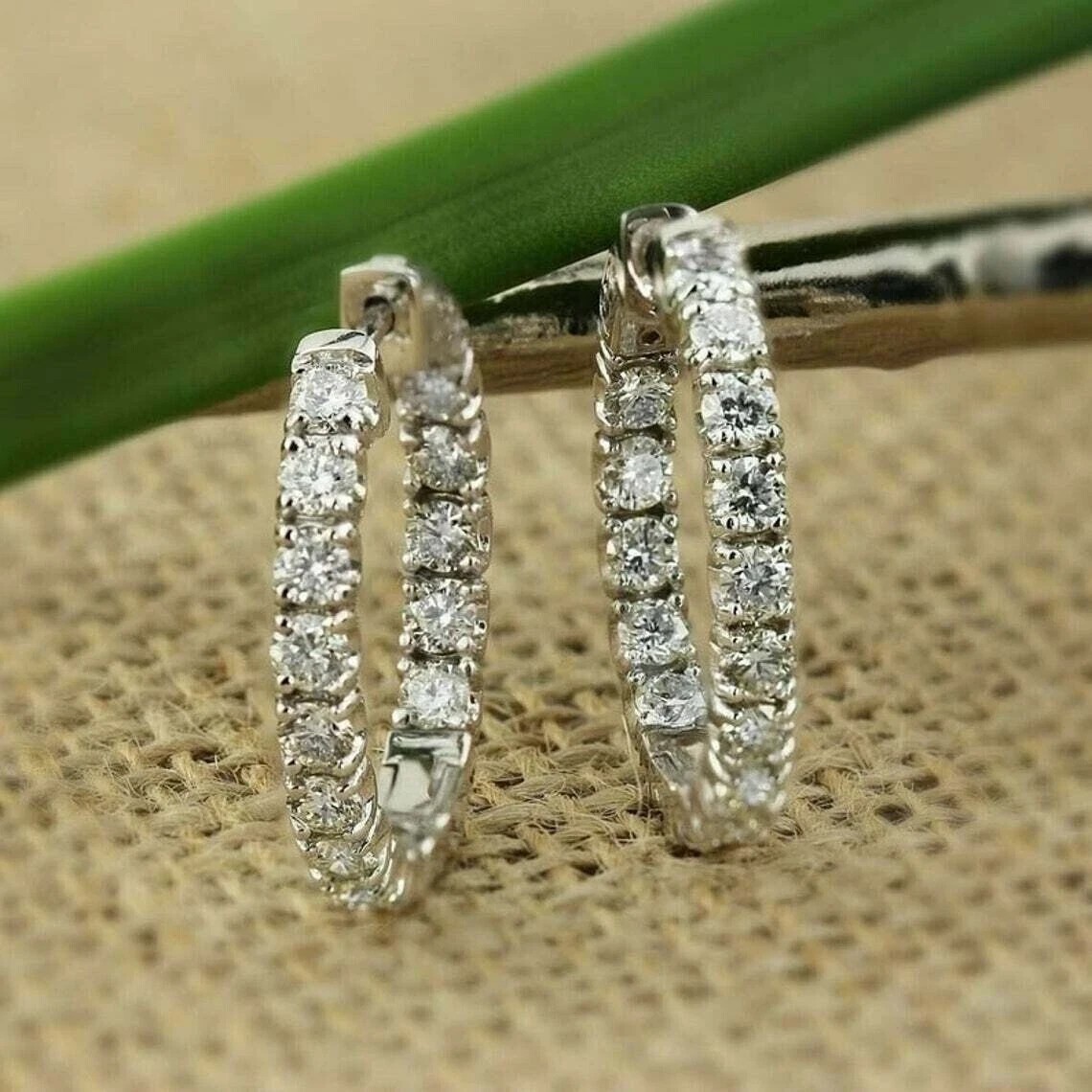 Stunning Hoop Clip On Earrings 14K White Gold Plated 2Ct Round Simulated Diamond