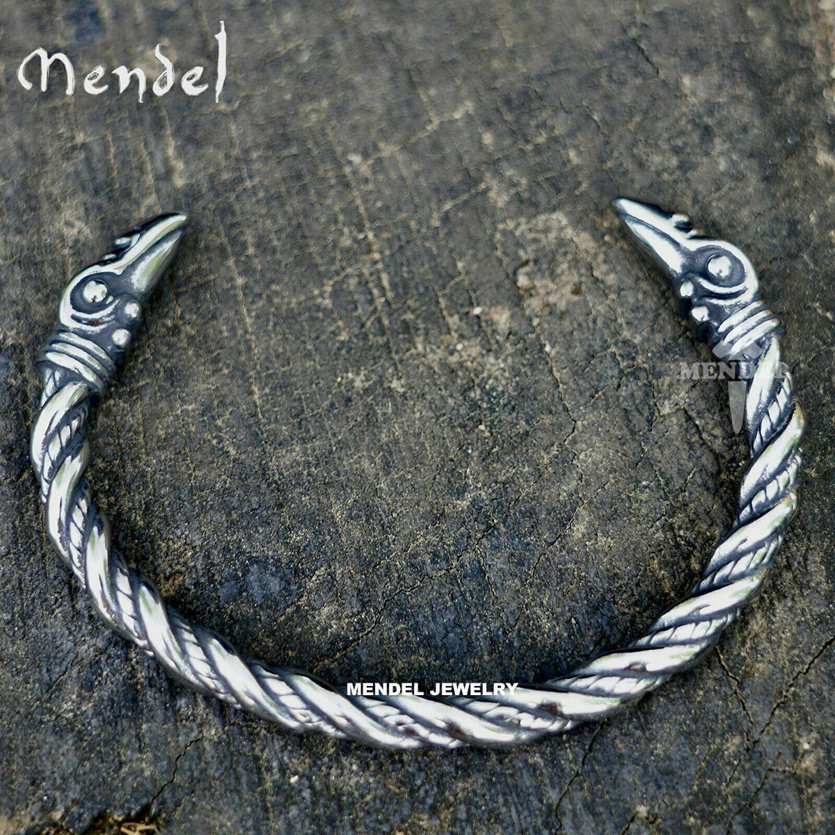 MENDEL 8 Inch Mens Stainless Steel Norse Viking Raven Bangle Bracelet Arm Ring