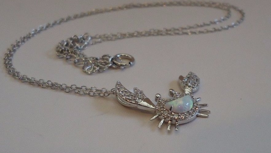 925 STERLING SILVER CRAB NECKLACE PENDANT W/ .75ct OPAL / LAB DIAMONDS/18”