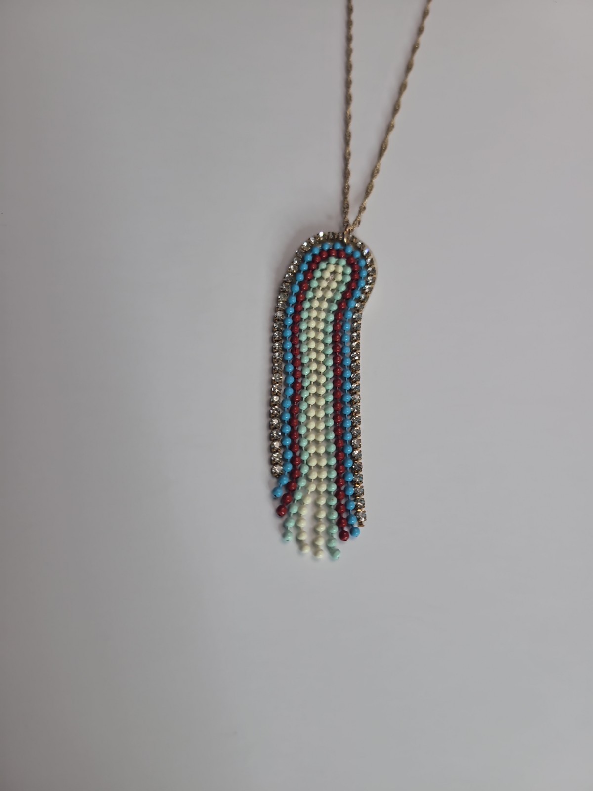 Boho Beaded Tassel Pendant Necklace Rhinestone Fringe Turquoise Red Gold Tone St