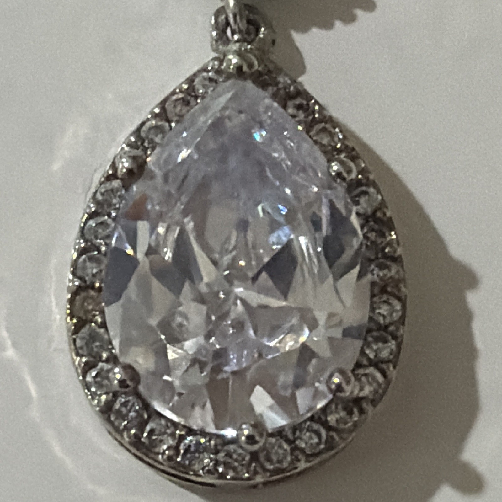 Silver Plated Clear Cubic Zirconia Teardrop Halo Charm Pendant, Pave Bail