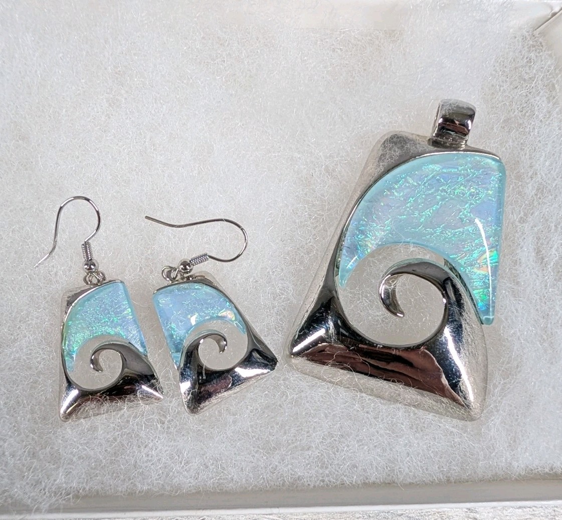 Abalone Shell Wave Pendant Earrings Set Silver Tone Coastal Ocean Jewelry Gift