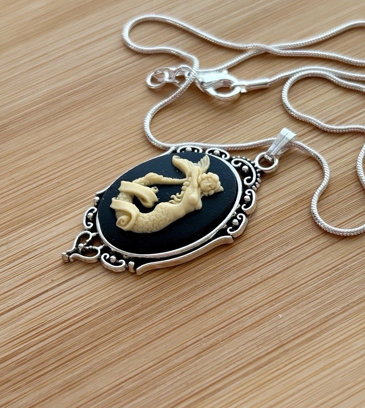 Mermaid Cameo Necklace, Vtg Sailor Jerry Tattoo Pendant, Sterling Silver Chain