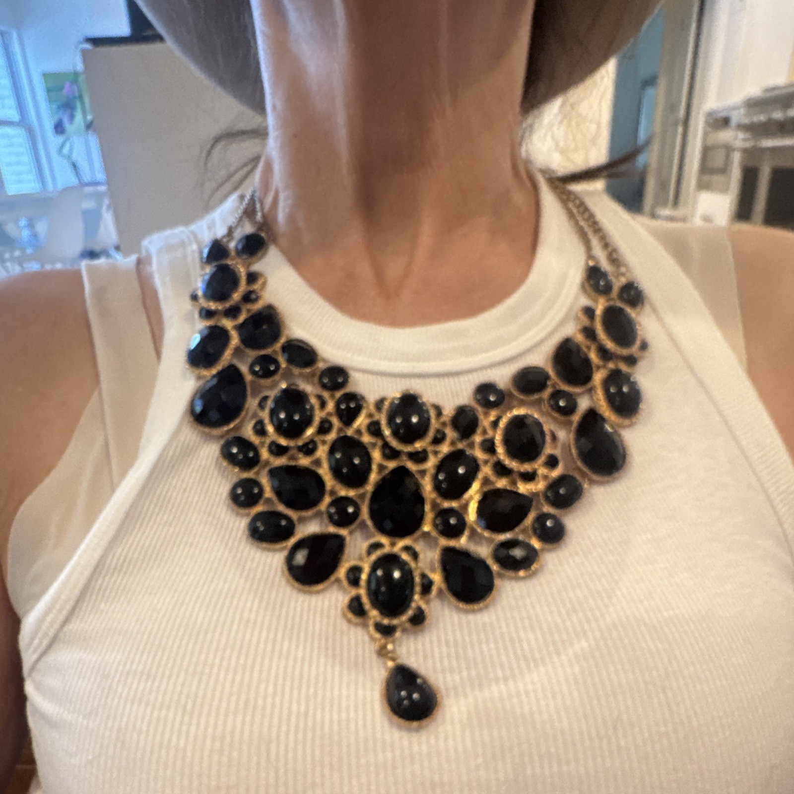 Black Crystal Statement Bib Necklace Gold Tone Curb Link Chain Adjustable