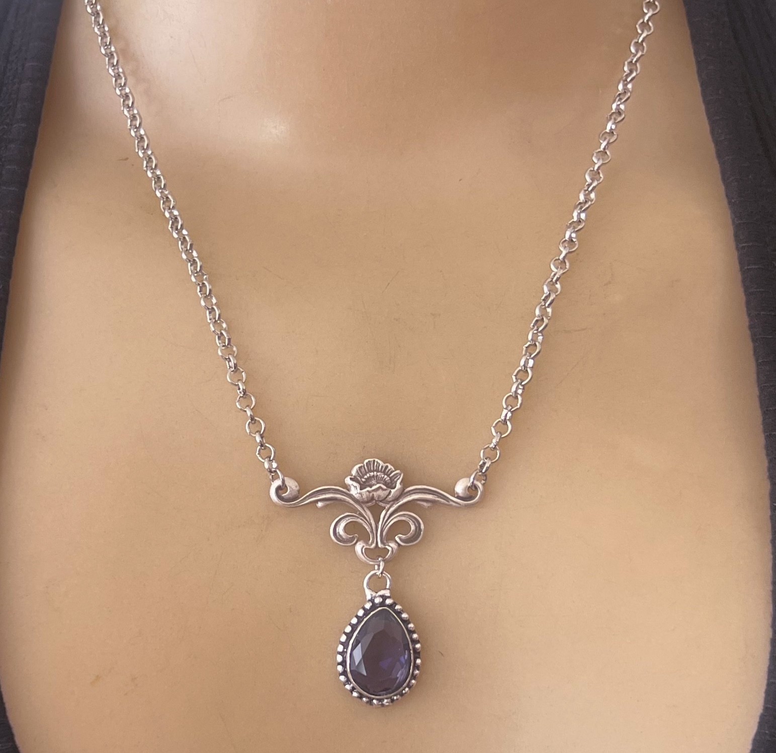 Amethyst Rhinestone Necklace Floral Silver Plated Pendant Art Nouveau Revival