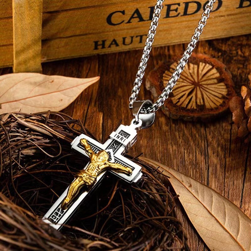 Jesus Christ Crucifix Cross Pendant Necklace For Men Catholic Jewelry Chain 24″