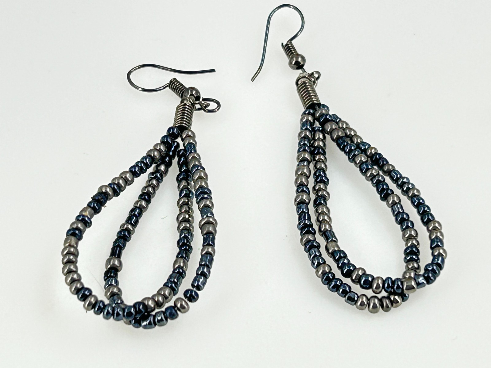 Handmade Beaded Teardrop Earrings 2.2 Inch Gunmetal Black Silver