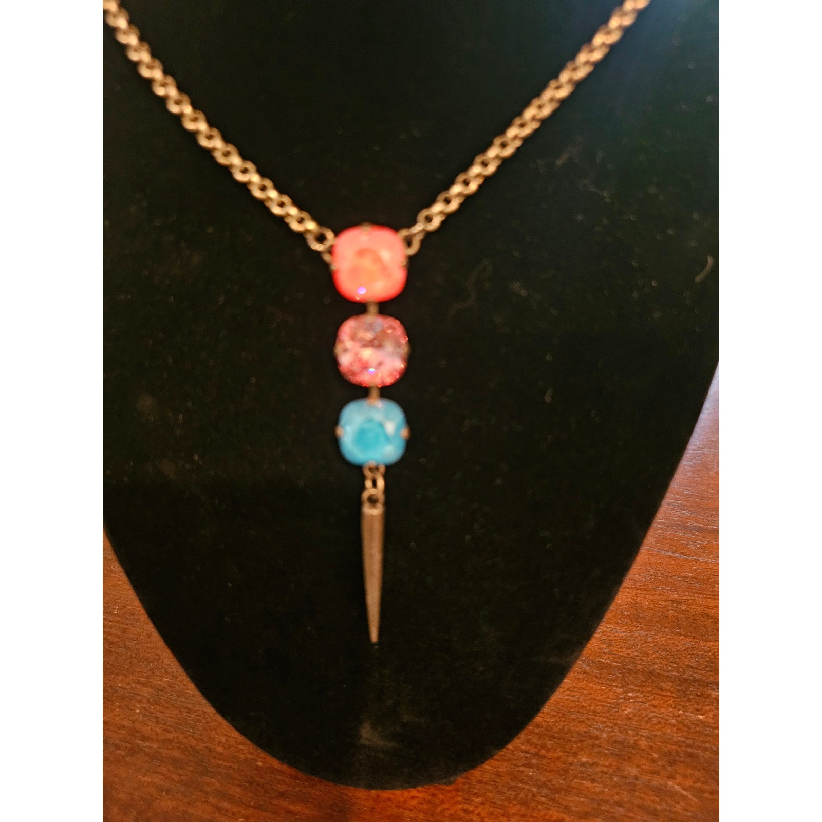 RMD Pendant Necklace Women OS Multicolor Crystal Spike Drop Brass Tone Chain