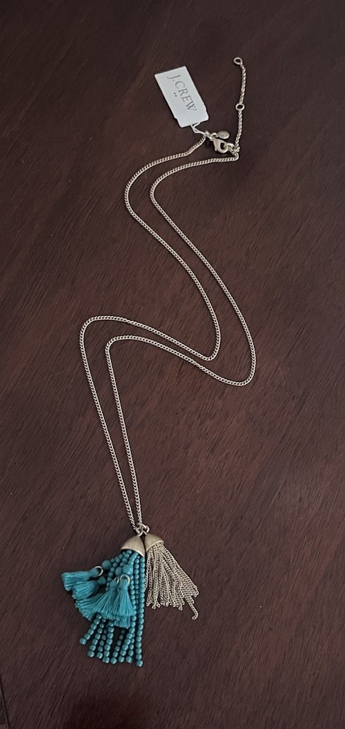 J Crew Teal Green Double Gold Tassel Front Seed Bead Beaded Chain Necklace NWT