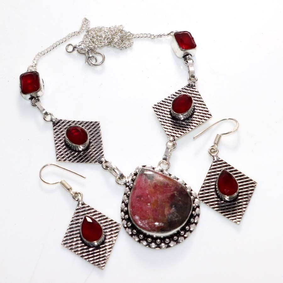 925 Silver Plated Pretty Rhodonite Garnet Necklace Earrings Set 16|1.8″ GW