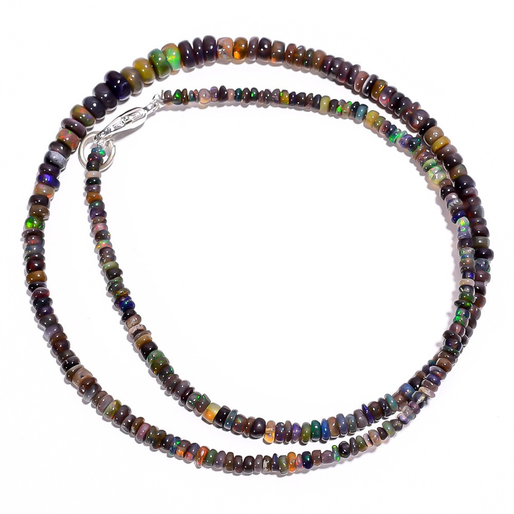 28 Ct Natural Fire Black Ethiopian Opal Gemstone Smooth Beads Necklace 16″ A1895