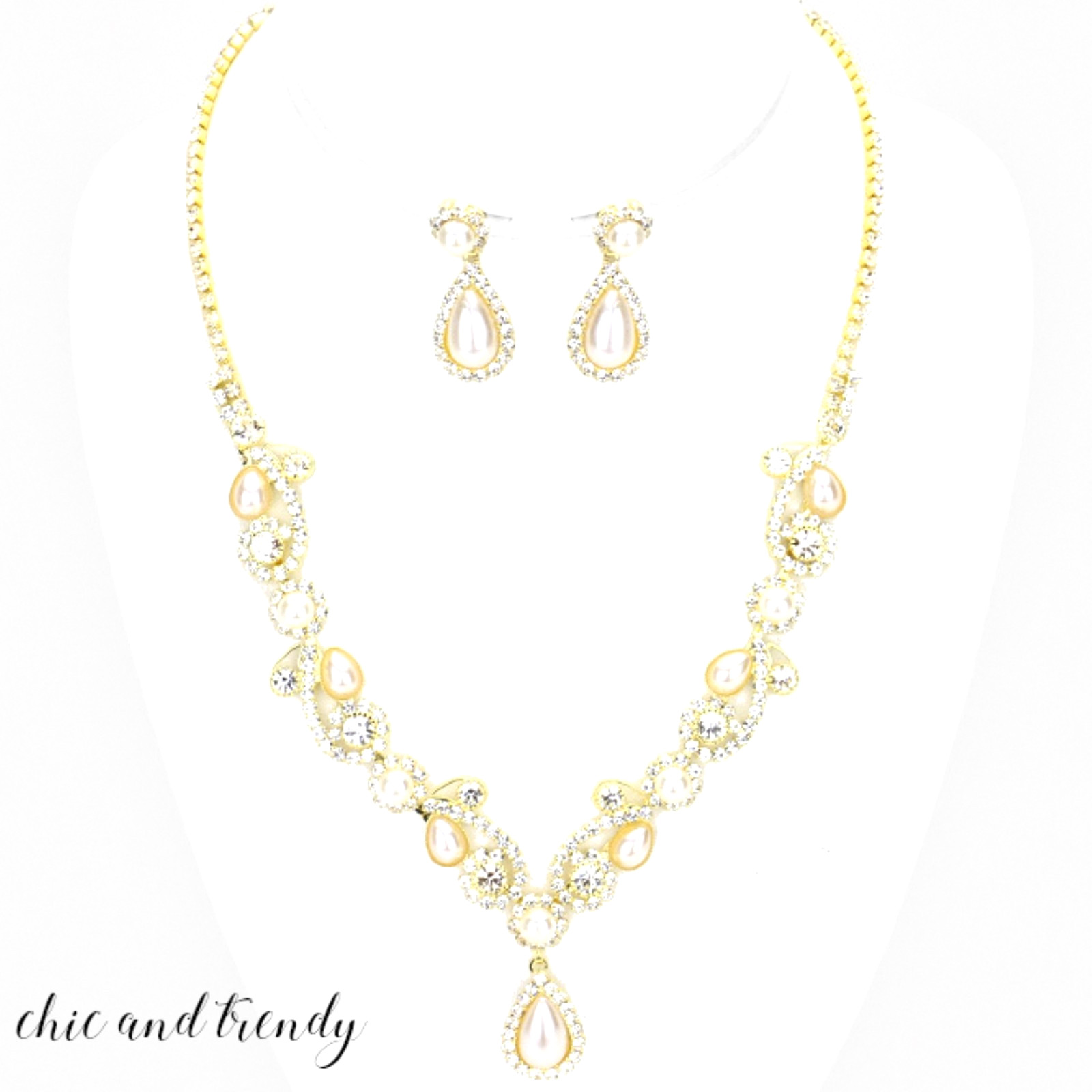 OFF WHITE, CREAM PEARL CRYSTAL, BRIDAL WEDDING PROM FORMAL NECKLACE JEWELRY SET