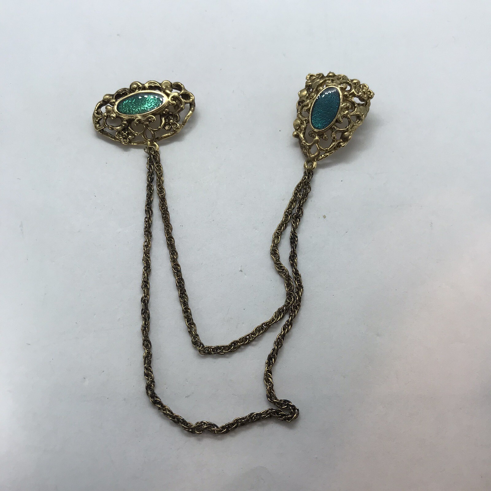 Vintage Brooch Enamel Dangler Chains Double Pin Victorian Revival