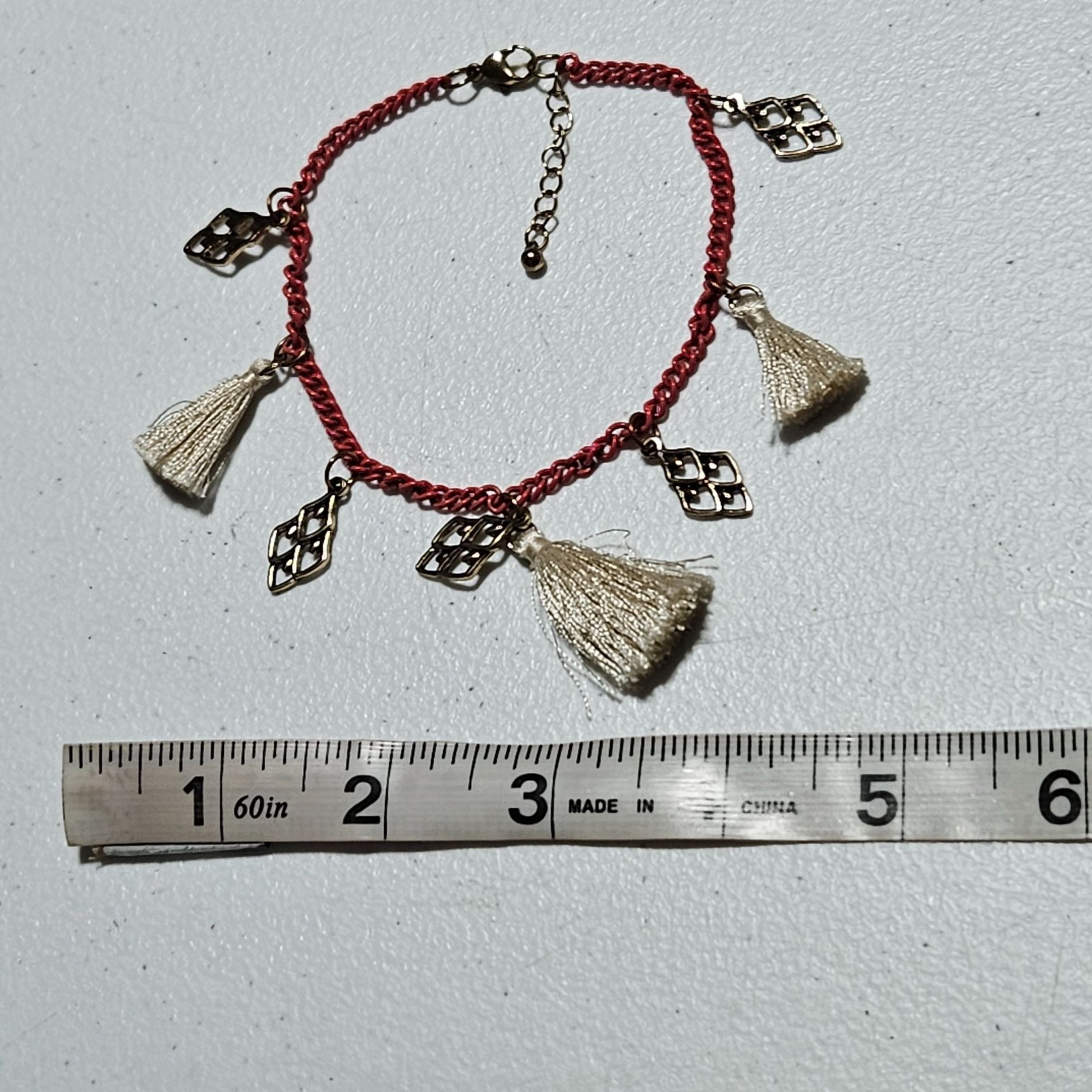 Retro Red Chain Charm Bracelet Gold Tone Metal Charms White Tassels Statement