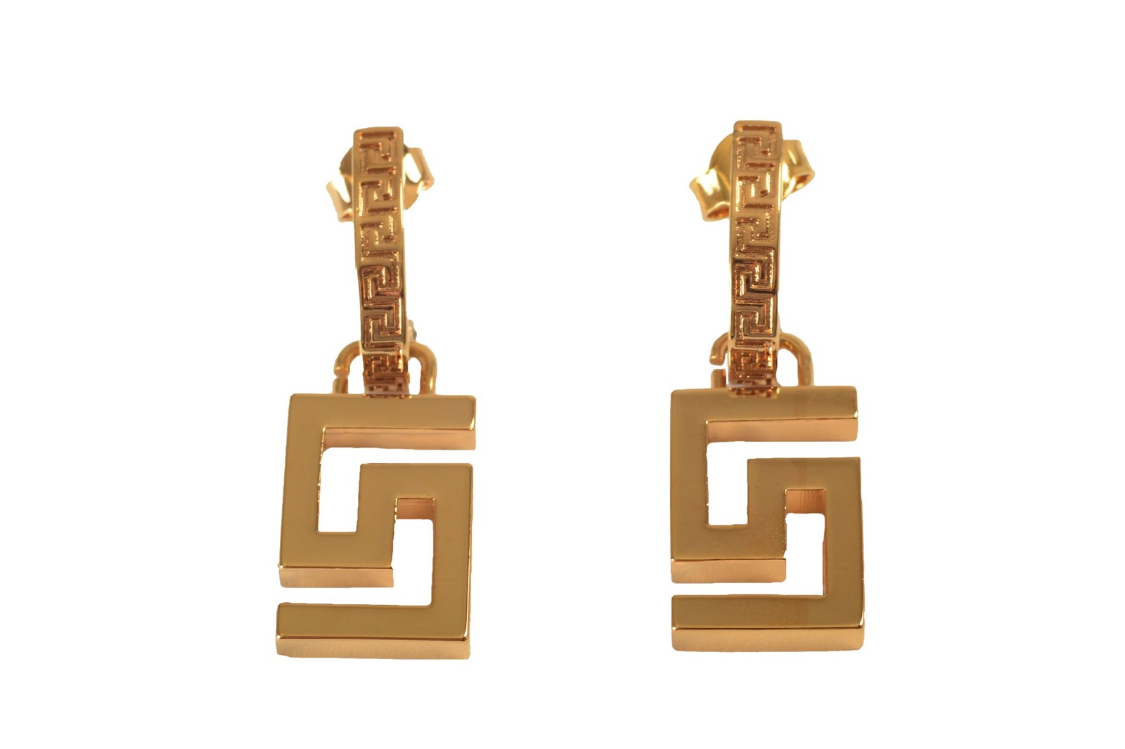 Versace Gold Color Metal Greeca Logo Stud Earrings