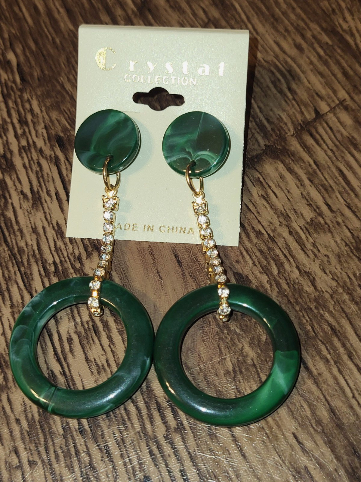 Crystal Collection Green Faux Malachite and Rhinstone Drop Earrings