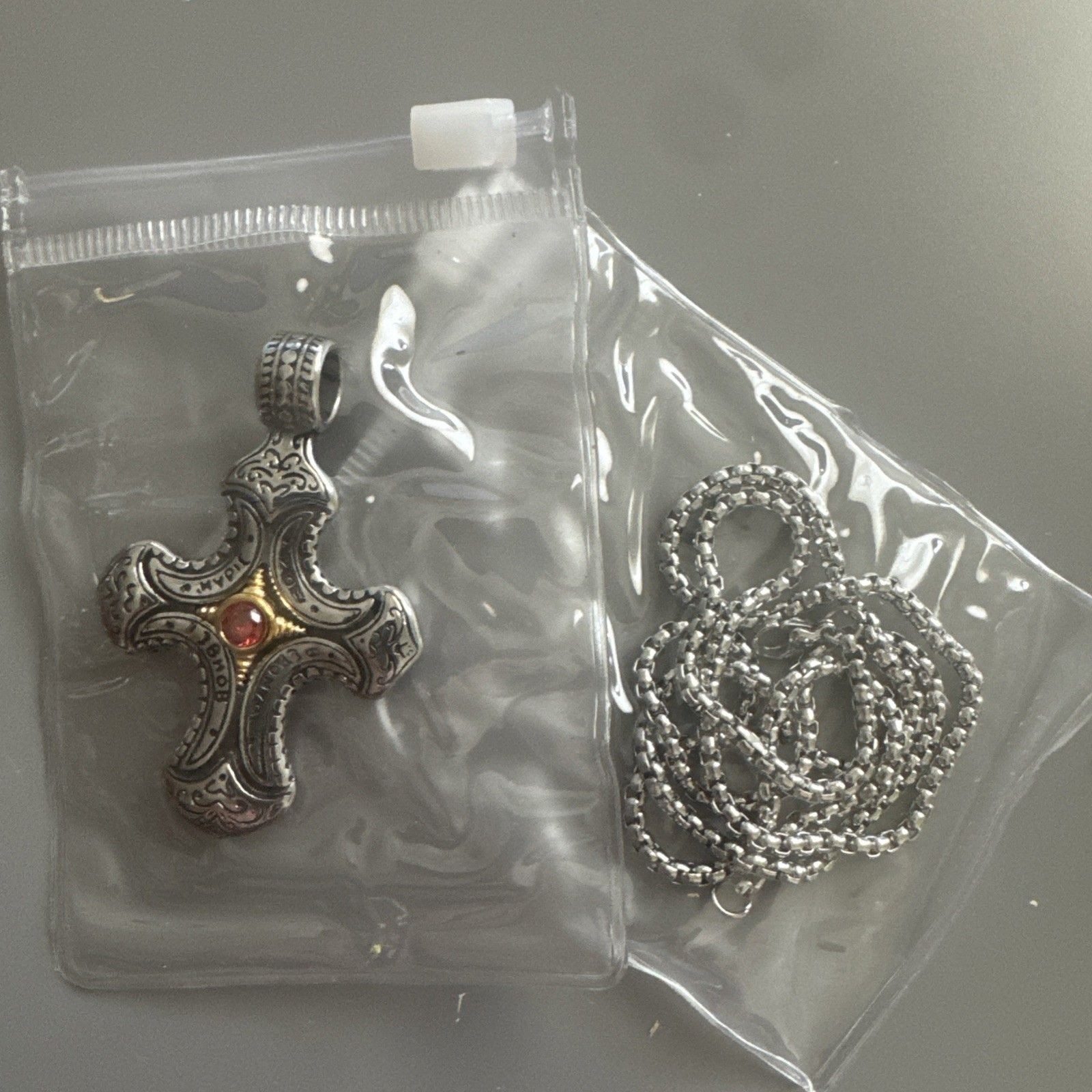 Cross Chain Pendant Double Sided Stone Viking Gothic Vintage Stainless Steel 24”